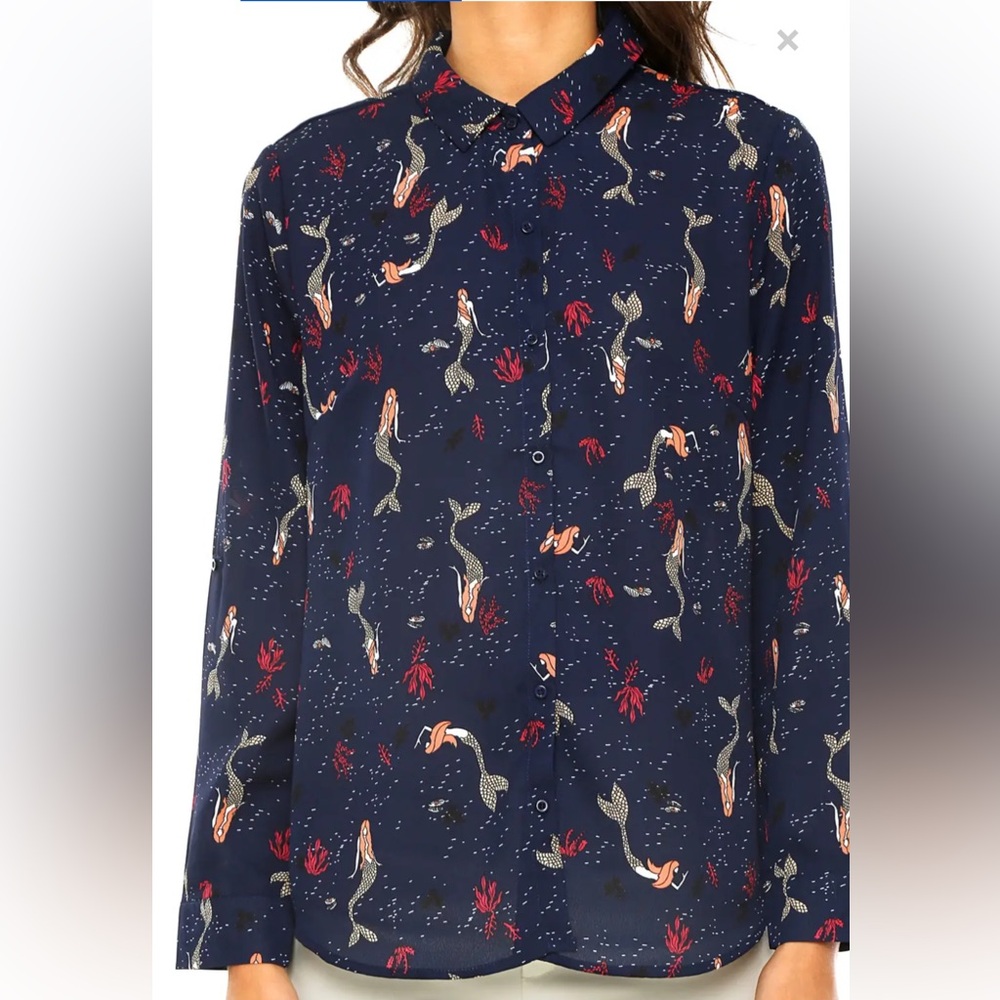 ANANY BASIC NWOT Navy Blue
Mermaid Whimsical Print 
Button Down Blouse M
Novelty